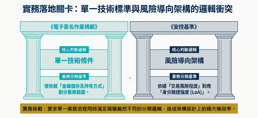 《電子簽名作業規範》以金鑰儲存與持有方式作為業務適用判斷基礎,《安控基準》則依交易風險對應身分驗證強度。兩套邏輯若未明確銜接,將增加銀行電子簽名流程設計與法遵判斷難度。