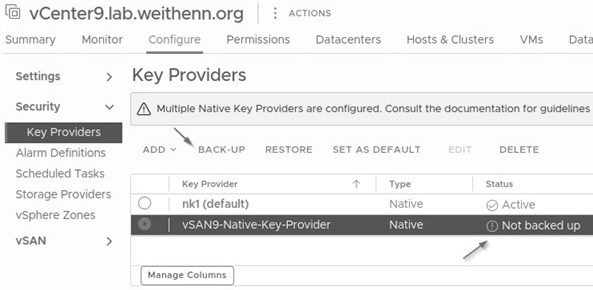圖9 順利新增vSAN9-Native-Key-Provider,但尚未進行加密金鑰備份作業。